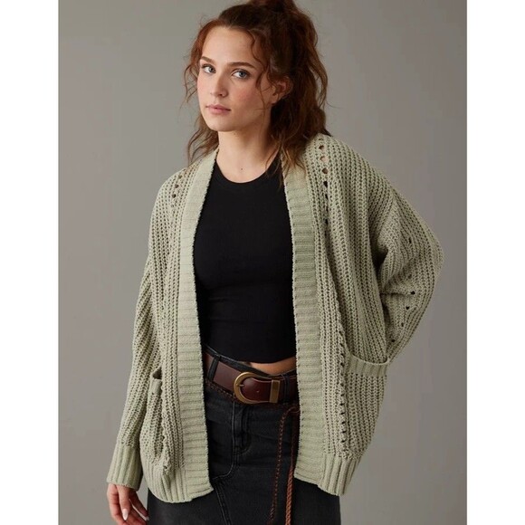 AMERICAN EAGLE Slouchy Chenille Cardigan Sweater XXL Cozy Oversized Sage Green - Picture 2 of 11